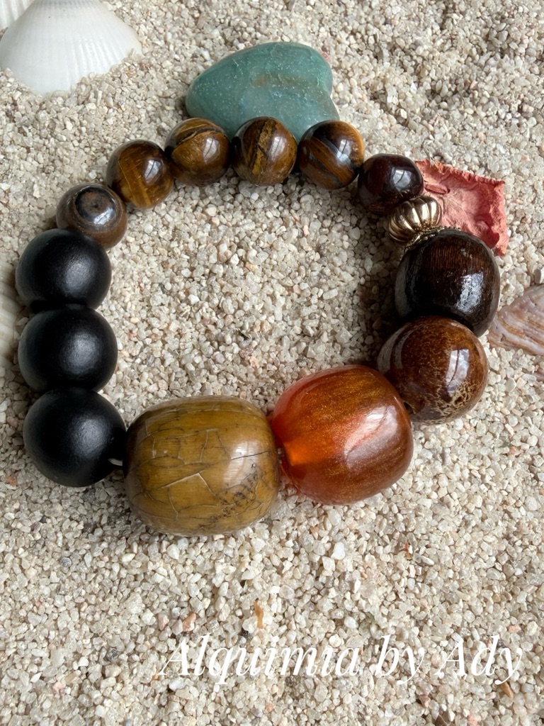 Brutalist Brown, Black And Amber Beaded Stretch Bracelet Tiger Eye